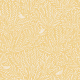Detail of wallpaper in a playful bird and leaf print in white on a yellow field.