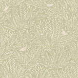 Detail of fabric in a playful bird and leaf print in cream on a light green field.