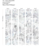 Kotoubia Blanca Mural Wallpaper panels displayed side by side with measurements.