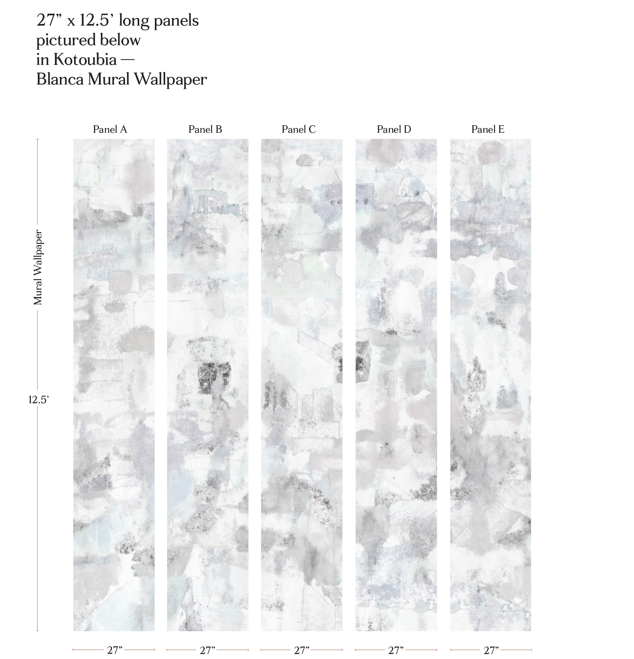 Kotoubia Blanca Mural Wallpaper panels displayed side by side with measurements.