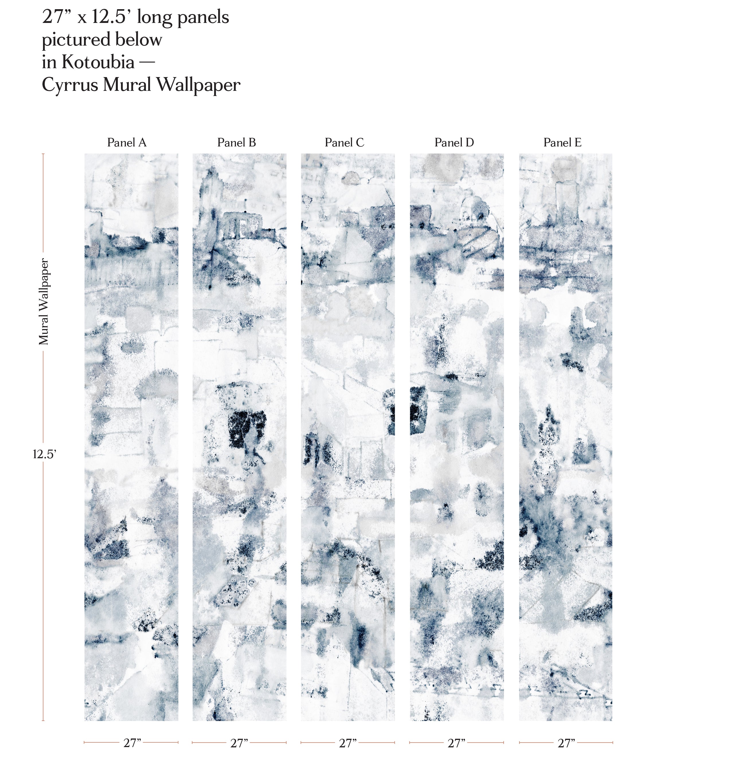 Kotoubia Cyrus Mural Wallpaper panels with dimensions on a white background
