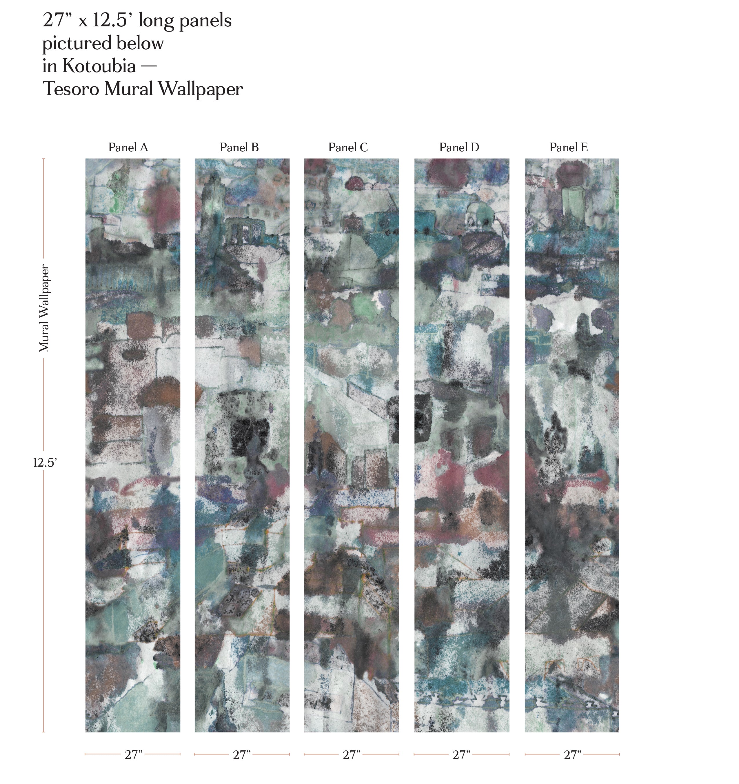 Kotoubia Tesoro Mural Wallpaper panels with dimensions on a white background