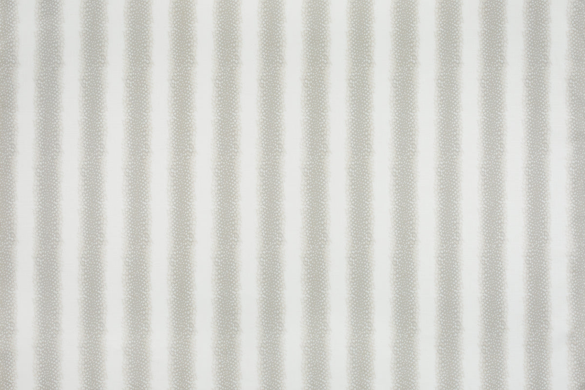Detail of fabric in a textural speckled stripe print in greige and cream.