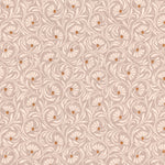 Wallpaper in a lyrical wildflower design in cream with rust accents on a lilac field. 