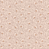 Wallpaper in a lyrical wildflower design in cream with rust accents on a lilac field. 