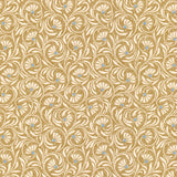 Wallpaper in a lyrical wildflower design in cream with blue accents on a tan field. 
