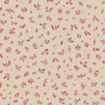 Detail of wallpaper in a minimal repeating leaf print in pink on a tan field.