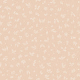 Detail of wallpaper in a minimal repeating leaf print in cream on a light pink field.
