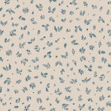 Detail of wallpaper in a minimal repeating leaf print in navy on a cream field.