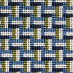 Detail of a woven stair step pattern in navy blue, chambray, white and lime green. 