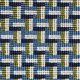 Detail of a woven stair step pattern in navy blue, chambray, white and lime green. 