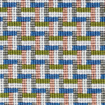 Detail of a woven stair step pattern in peach, chambray, white and lime green.