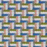 Detail of a woven stair step pattern in peach, chambray, white and lime green.