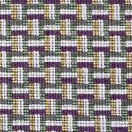 Detail of a woven stair step pattern in grey, white, tan, purple and sage green. 