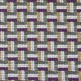 Detail of a woven stair step pattern in grey, white, tan, purple and sage green. 