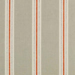 Detail of fabric in a repeating stripe print in cream and burnt orange on a tan field.