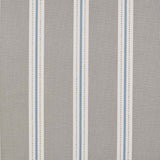 Detail of fabric in a repeating stripe print in white and light blue on a light gray field.