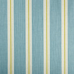 Detail of fabric in a repeating stripe print in cream and yellow on a light blue field.