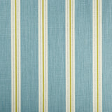 Detail of fabric in a repeating stripe print in cream and yellow on a light blue field.