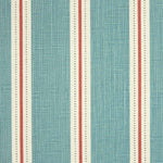 Detail of fabric in a repeating stripe print in cream and red on a blue field.