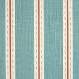 Detail of fabric in a repeating stripe print in cream and red on a blue field.