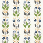 Detail of fabric in a striped botanical print in shades of yellow, gray and green on a white field.