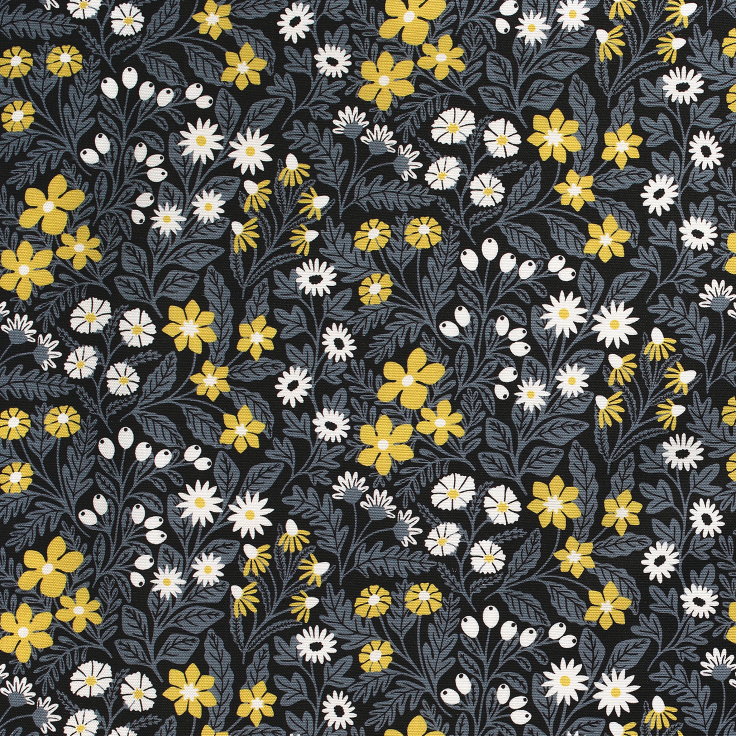 Detail of fabric in a small-scale floral print in white, gray and yellow on a dark gray field.