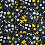 Detail of wallpaper in a small-scale floral print in white, gray and yellow on a black field.
