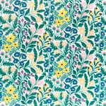 Detail of fabric in a small-scale floral print in green, yellow and pink on a white field.