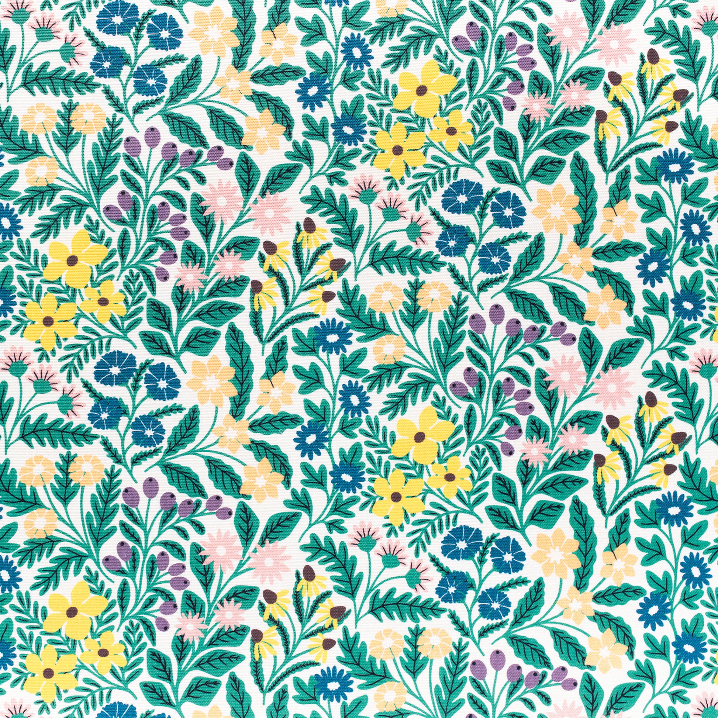 Detail of fabric in a small-scale floral print in green, yellow and pink on a white field.