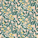Detail of fabric in a small-scale floral print in green, yellow and coral on a white field.