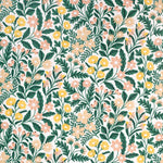 Detail of wallpaper in a small-scale floral print in green, yellow and coral on a white field.