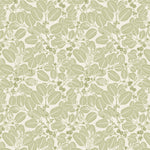 Detail of wallpaper in a dense leaf and stem print in sage on a white field.