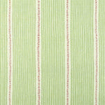 Detail of fabric in a repeating stripe and dash pattern in green and pink on a cream field.