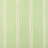 Detail of fabric in a repeating stripe and dash pattern in green and pink on a cream field.