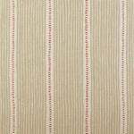 Detail of fabric in a repeating stripe and dash pattern in tan and red on a cream field.