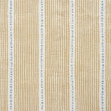 Detail of fabric in a repeating stripe and dash pattern in tan and blue on a cream field.