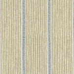 Detail of fabric in a repeating stripe and dash pattern in tan and blue on a cream field.