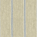 Detail of fabric in a repeating stripe and dash pattern in tan and blue on a cream field.
