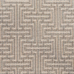 Broadloom carpet in a geometric stripe in cream and shades of taupe, sage and grey. 