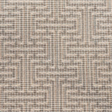 Broadloom carpet in a geometric stripe in cream and shades of taupe, sage and grey. 