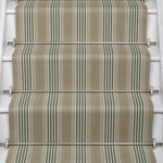 Striped flatweave runner in sage and black on white staircase