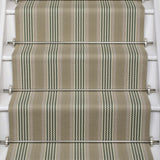 Striped flatweave runner in sage and black on white staircase