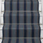 Striped flatweave runner in blue on white staircase