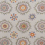 Detail of fabric in a floral paisley print in shades of purple, orange and yellow on a gray field.