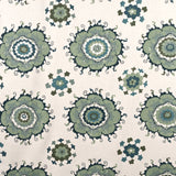Detail of fabric in a floral paisley print in shades of blue, green and black on a cream field.