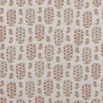 Detail of fabric in a small-scale floral print in shades of red, yellow and navy on a white field.