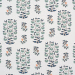 Detail of fabric in a small-scale floral print in shades of green, black and coral on a white field.