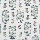 Detail of fabric in a small-scale floral print in shades of green, black and coral on a white field.