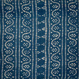Detail of fabric in a dotted geometric stripe in cream on a navy field.
